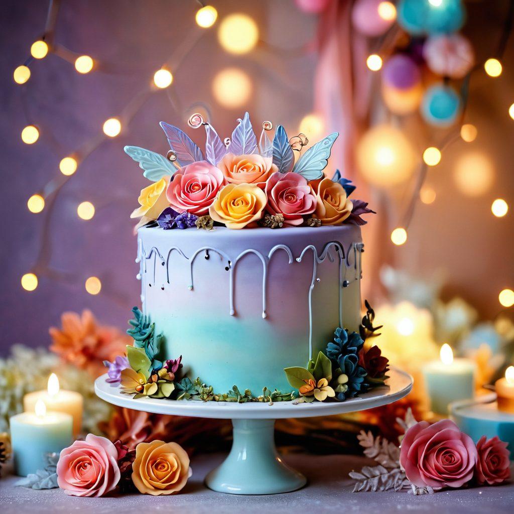 A stunning array of creatively designed cakes displayed on an elegant table, showcasing intricate decorations like floral patterns, whimsical shapes, and vibrant colors. Include seasonal themes such as autumn leaves and winter wonderlands, with cheerful cake toppers for various occasions. The background should feature soft pastel tones to enhance the cakes' beauty, and there should be twinkling fairy lights for a magical ambiance. super-realistic. vibrant colors. soft pastel background.