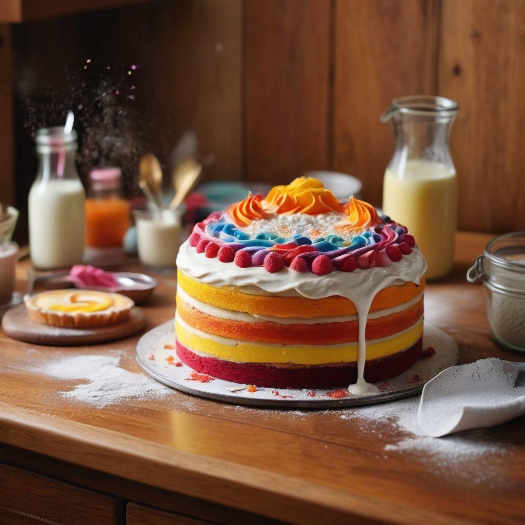 A baking scene filled with colorful cake layers, swirls of frosting, and an array of creative cake decorations, with flour dust and baking tools scattered around a wooden countertop. A whimsical, inviting kitchen atmosphere with warm lighting to evoke a sense of indulgence and creativity. Capture joyful baking moments, like someone pouring batter or frosting a cake. super-realistic. vibrant colors. warm and cozy ambiance.