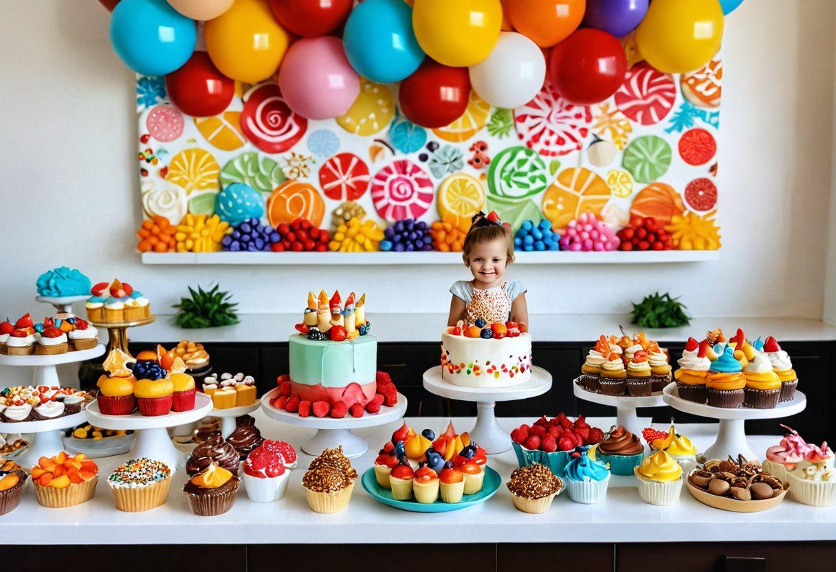 A whimsical dessert table filled with vibrant, colorful pastries, cupcakes, and cakes featuring fruity toppings, drizzled chocolate, and decorative sprinkles. Include a cheerful child reaching for a treat, surrounded by a bright kitchen setting with sunlight streaming in, enhancing the joyful atmosphere of sweet adventures. super-realistic. vibrant colors. cozy kitchen.